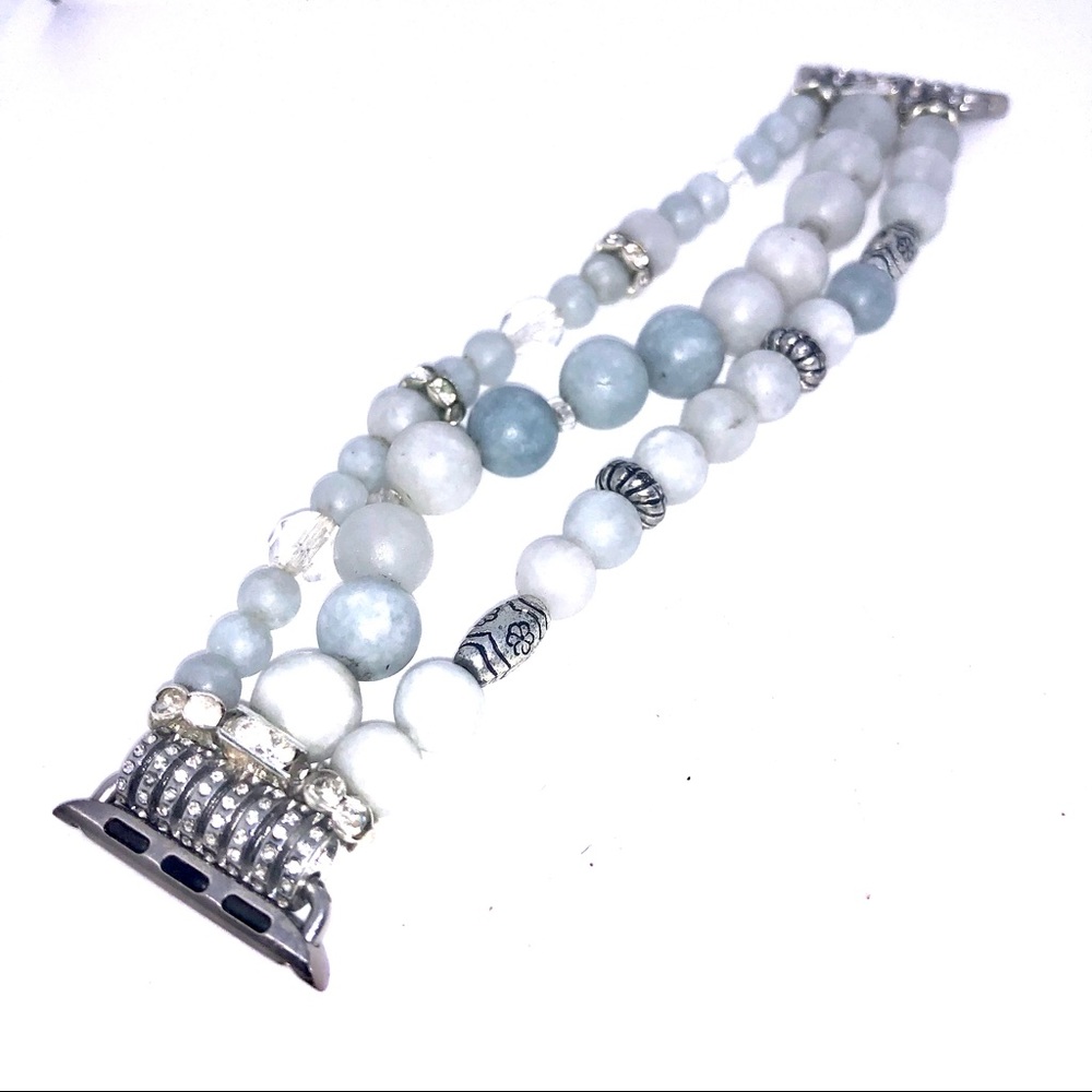Aquamarine beaded band with bling for i watch series 3-7. Watch face 1”. Stretch